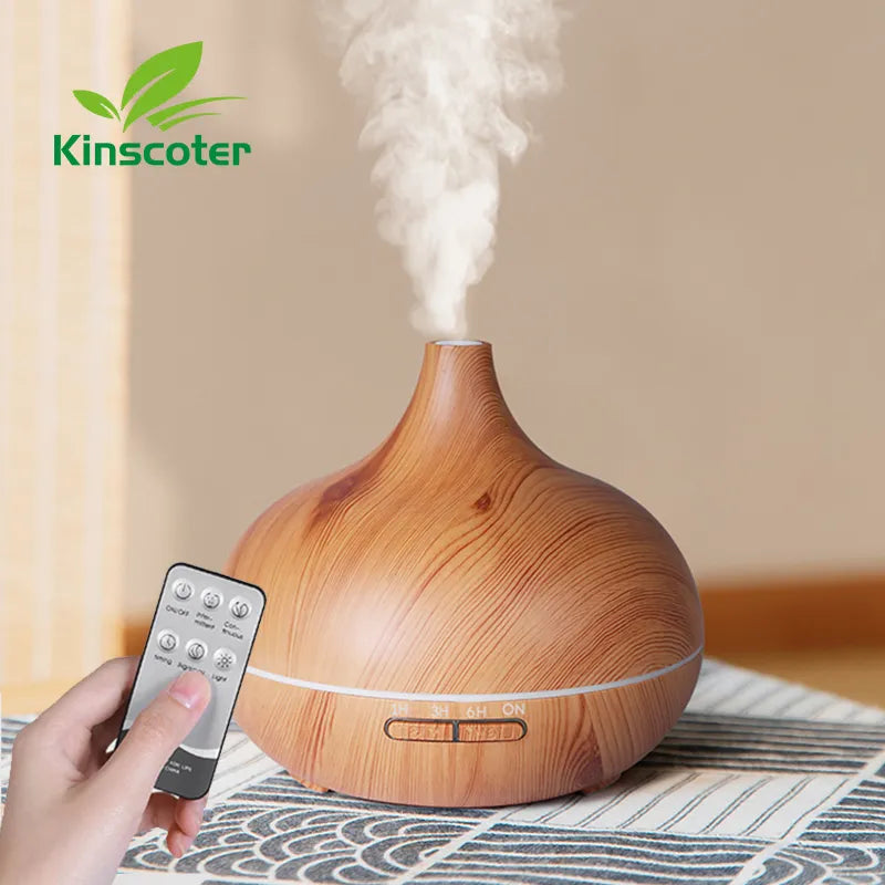 High Quality 500Ml Aromatherapy Essential Oil Diffuser Wood Grain Remote Control Ultrasonic Air Humidifier with 7 Colors Light