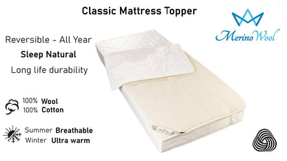 Pure Merino Wool and Cotton Mattress Topper, Bed Cover 