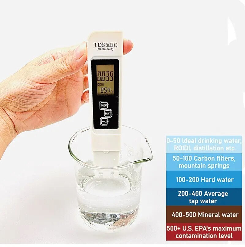 1PC White Digital Water Quality Tester TDS EC Meter Range 0 to 9990 Multifunctional Water Purity Temperature TEMP PPM Tester