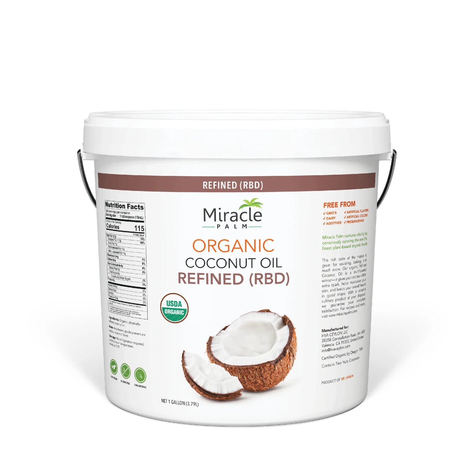 Organic Refined Coconut Oil (RBD) No Flavor or Scent 1 Gallon (128 Fl Zo) Pail