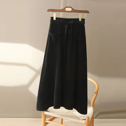 Autumn and Winter100% Pure Wool Skirt Women'S Long Pocket Small a Skirt High Waist Slim Cashmere Knit A-Line Skirt